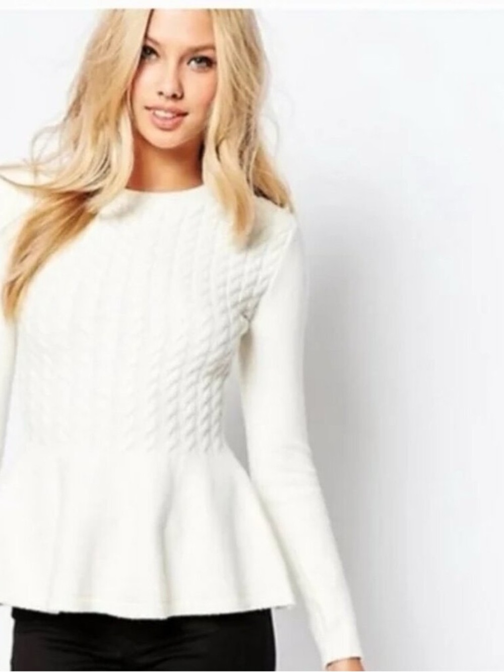 Ted Baker Off-White Cable Knit Peplum Crew Sweater